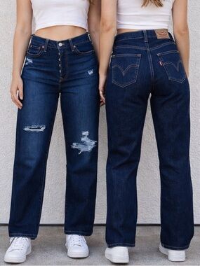 -Levi's Button Fly Ribcage Straight Dark Wash Ankle Distressed Jeans  W26 L27